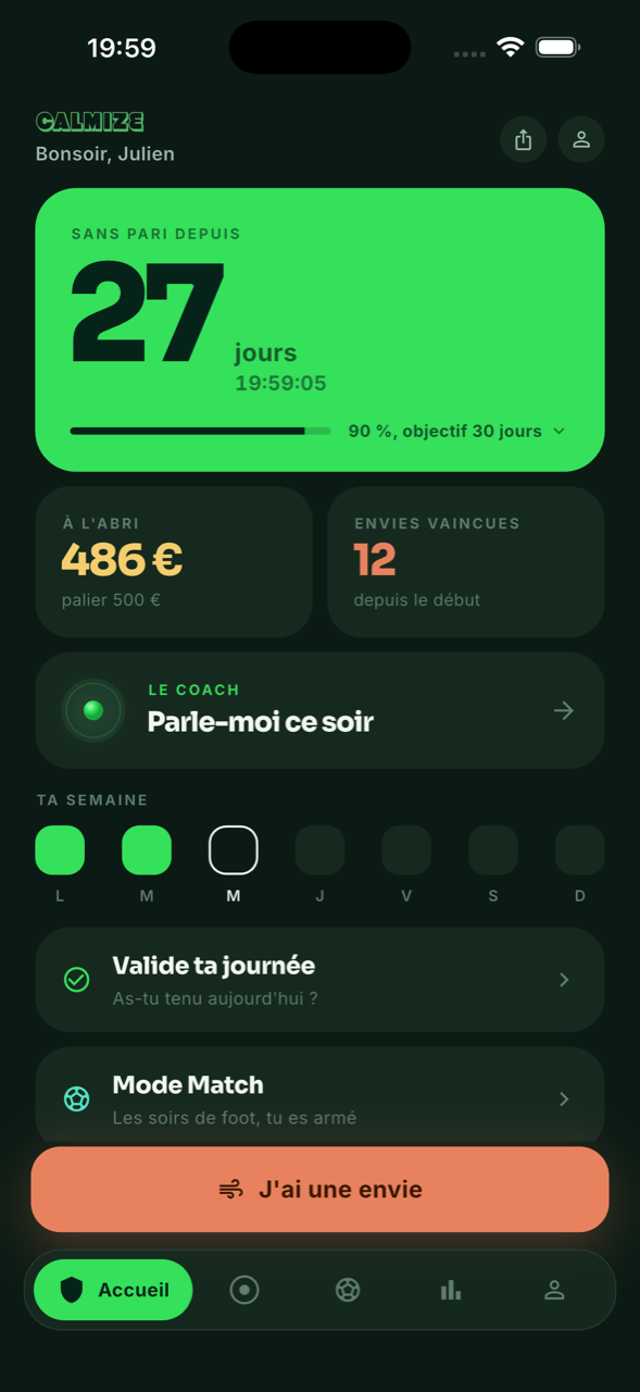 L'accueil de Calmize : le compteur de jours sans pari, l'argent à l'abri et les envies vaincues