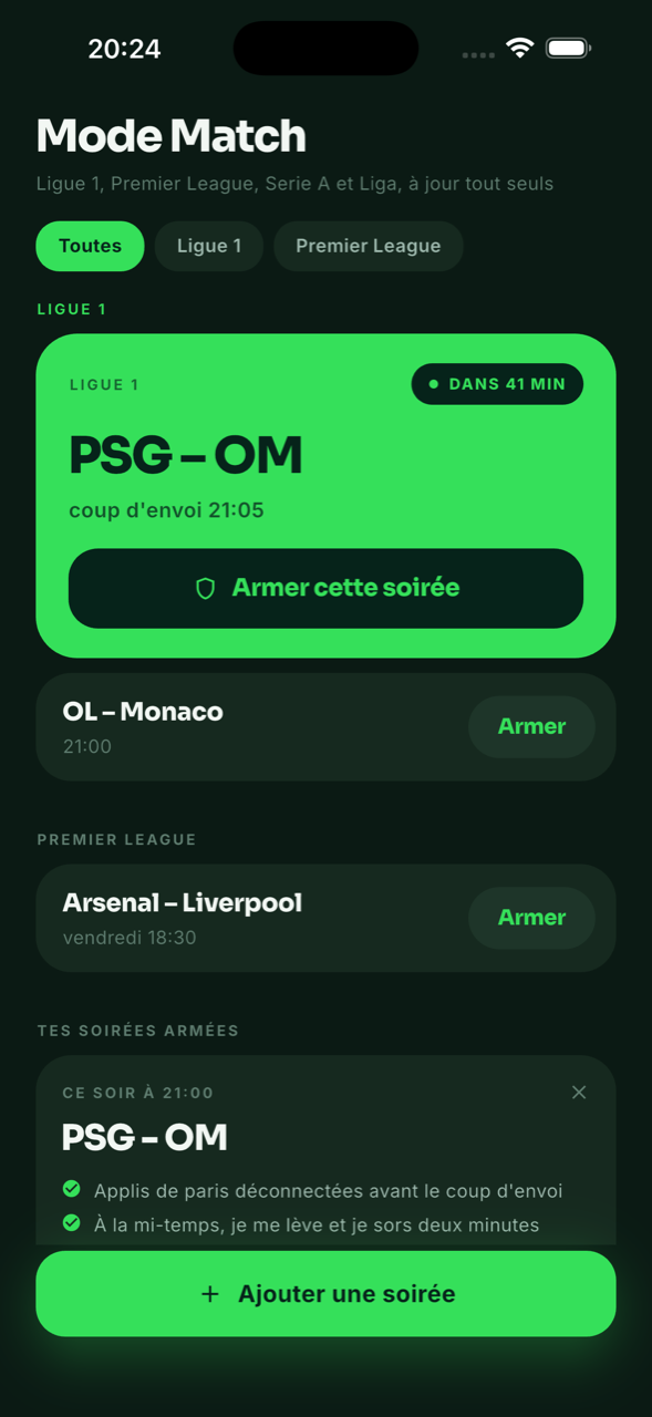 Le Mode Match : le calendrier réel, une affiche en grand et le bouton armer cette soirée